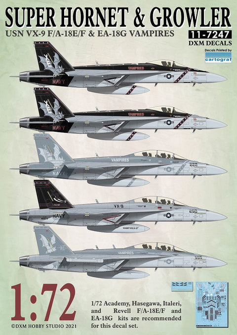 DXM 11-7247 1/72 アメリカ海軍 F/A-18E/F & EA-18G VX-9 ヴァンパイアーズ カルトグラフ製デカール