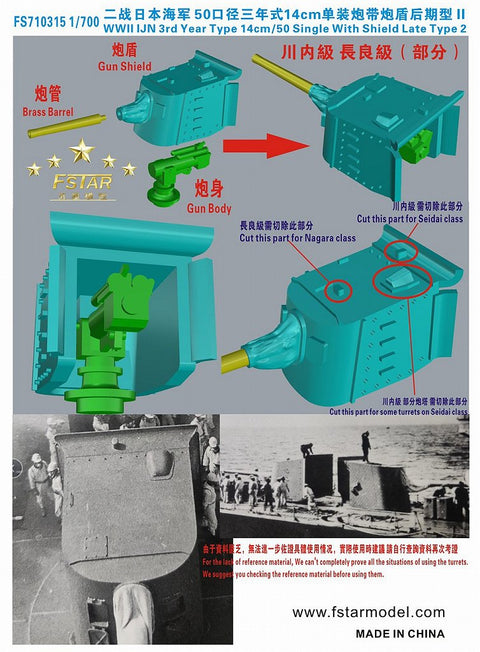 ファイブスターモデル FS710315 1/700 WWII 日本海軍 50口径三年式14cm単装砲 シールド付 後期型 2 (7セット) (3Dプリンター製)