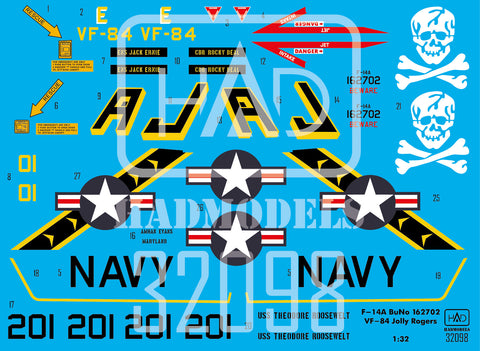 HADモデル 32098 1/32 F-14A ジョリーロジャース USS セオドア・ルーズベルト デカールシート