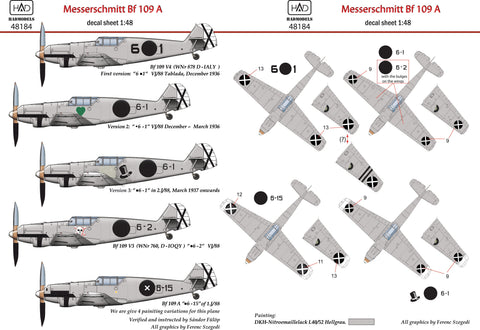 HADモデル 48184 1/48 メッサーシュミット Bf 109 A (V3 6.1, .6-1, .6-2, .6,-15) デカールシート