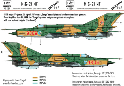 HADモデル 48234 1/48 MiG-21 MF HUNAF 9309 ドンゴ飛行隊 デカール シート