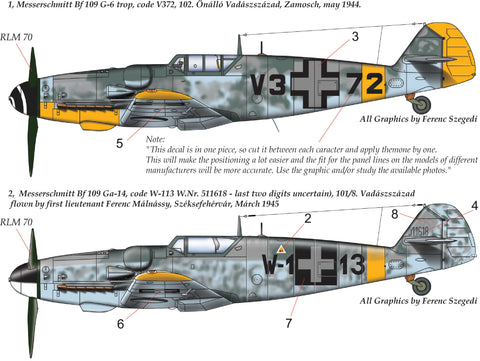 HADモデル 72177 1/72 メッサーシュミット Bf 109 G-14 / G-6 Trop( HUN V3+72; W-1+13) デカール