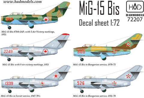 HADモデル 72207 1/72 MiG-15 Bis（北朝鮮、ソ連、ハンガリー）デカールシート
