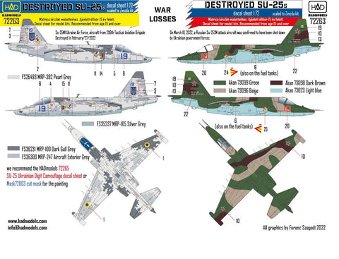 HADモデル 72263 1/72 戦争損失 - ウクライナとロシアの破壊されたSU-25のデカールシート