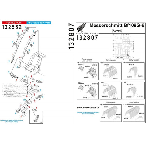 HGW 132807 1/32 メッサーシュミット Bf 109G-6 シートベルト BASIC LINE: seatbelts + masks | レベル用