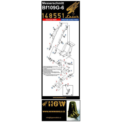 HGW 148551 1/48 メッサーシュミット Bf 109G-6 シートベルト pre-cut (laser)
