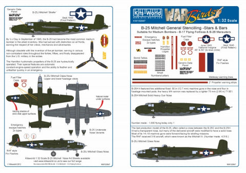 キッツワールド KW132047 1/32 北アメリカ B-25J/H ミッチェル 'ジェネラルマーキング' - フルカラーデカール