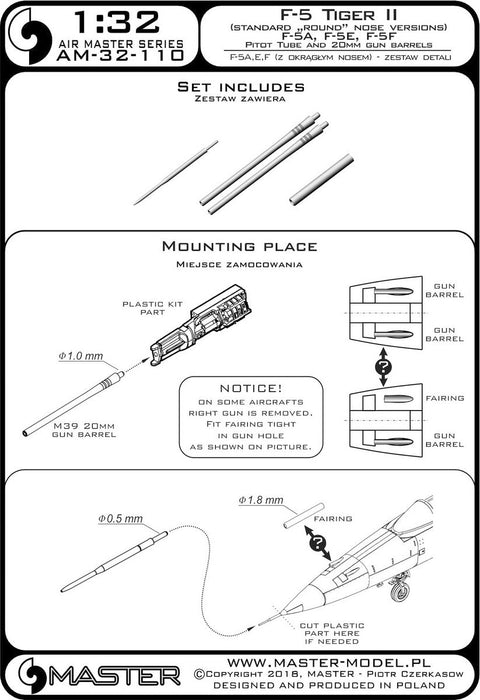 マスター AM-32-110 1/32 F-5 タイガーII「フリーダムファイター」(標準ノーズ型 F-5A, E, F） のピトー管と 20mm機関砲銃身