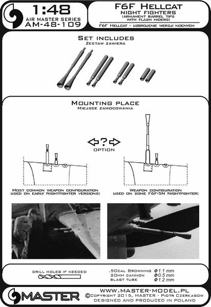 マスター AM-48-109 1/48 F6F ヘルキャット 夜間戦闘機の武装（ブローニング .50キャリバーおよびフラッシュハイダー付 20mmキャノン砲銃身）