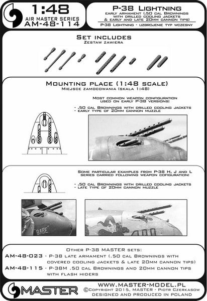 マスター AM-48-114 1/48 P-38 ライトニングの初期武装（ブローニング .50 キャリバーの有孔放熱バレルジャケット付銃身と初期・後期型の20mmキャノン砲の銃口）