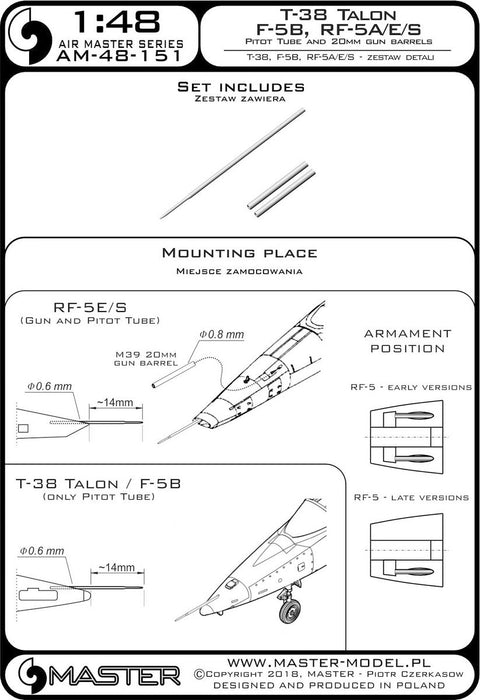 マスター AM-48-151 1/48 T-38 タロン / F-5B / RF-5A, E, S のピトー管と20mm機関砲銃身