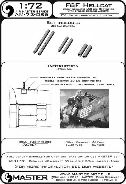 マスター AM-72-086 1/72 F6F ヘルキャットの初期武装（ブローニング .50 キャリバーの放熱バレルジャケット付銃身）