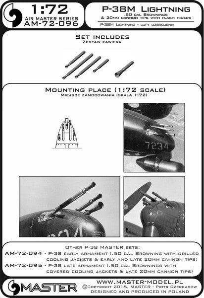マスター AM-72-096 1/72 P-38M ライトニングのブローニング .50キャリバー銃身とフラッシュハイダー付20mmキャノン砲の銃口