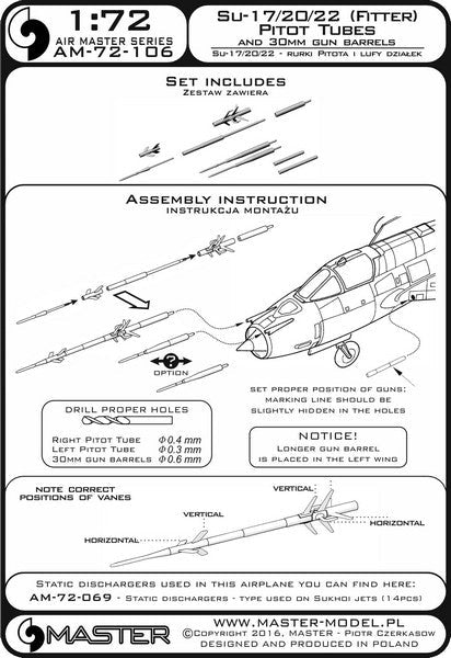 マスター AM-72-106 1/72 スホーイ Su-17, Su-20, Su-22 (フィッター)のピトー管（全バージョンのオプションパーツ）および 30mm機関砲銃身