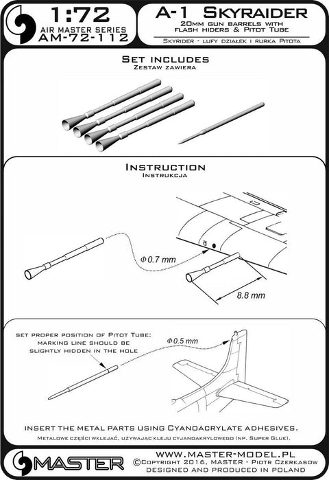 マスター AM-72-112 1/72 A-1 スカイレイダー 20mmキャノン砲 フラッシュハイダー付砲身とピトー管