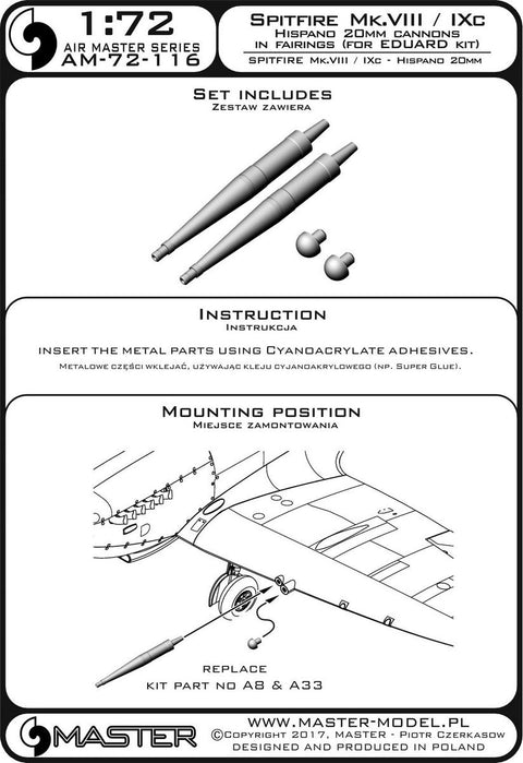 マスター AM-72-116 1/72 スピットファイア Mk.VIII/IXc フェアリング付イスパノ 20mm機関砲 (エデュアルド用）