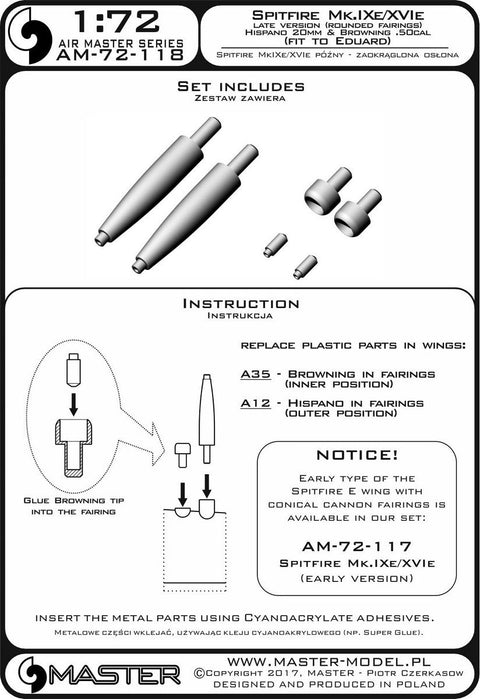マスター AM-72-118 1/72 スピットファイア Mk.IXe/XVIe 後期型武装(円筒形フェアリング) フェアリング付イスパノ20mmキャノン砲 砲身とブローニング .50キャリバー銃身（エデュアルド用）