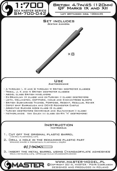 マスター SM-700-042 1/700 イギリス海軍 4.7インチ(120mm)/45口径速射砲のMarks IX および XII 砲身(8本入り) イギリスの駆逐艦級 AからN, O, Q からW およびトライバル級用