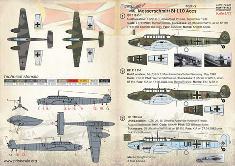 プリントスケール 72-228 1/72 メッサーシュミット Bf 110 エース Part 2