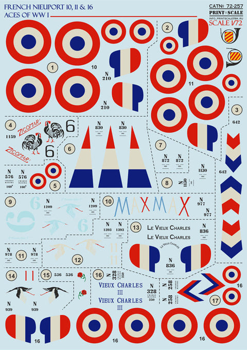 プリントスケール 72-257 1/72 フランス空軍 ニューポール 10,11,16 エース WWI