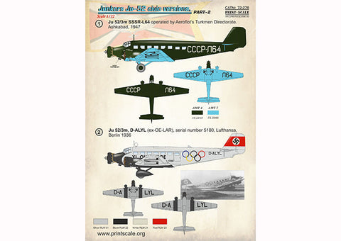 プリントスケール 72-278 1/72 ユンカース Ju52 民間型 Part2 コンプリートセット