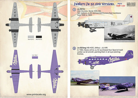プリントスケール 72-279 1/72 ユンカース Ju52 民間型 Part3 コンプリートセット