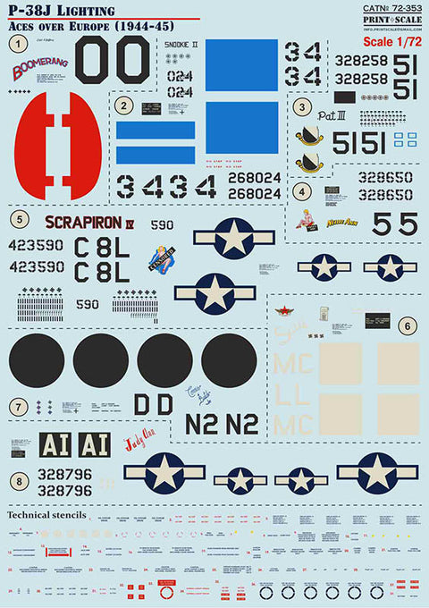 プリントスケール 72-353 1/72 P-38J ライトニング ヨーロッパ戦線エース 1944-45