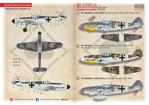 プリントスケール 72-534 1/72 メッサーシュミット Bf-109G-6 第53戦闘航空団（JG.53）