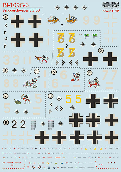 プリントスケール 72-534 1/72 メッサーシュミット Bf-109G-6 第53戦闘航空団（JG.53）