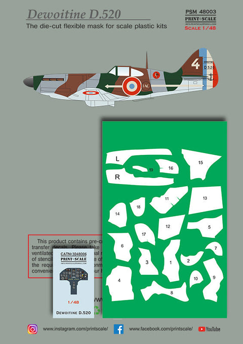 プリントスケール 1/48 PSM48003 デヴォアティーヌ D.520 マスク+デカール+3Dデカール