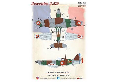 プリントスケール PSM72015 1/72  デヴォワティーヌ D.520 マスク + デカール