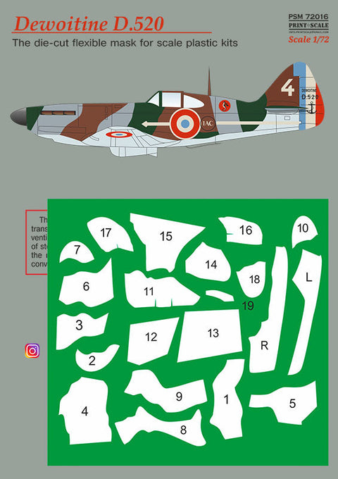 プリントスケール PSM72016 1/72  デヴォワティーヌ D.520 マスク + デカール