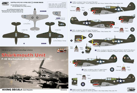 ライジングデカール 48-036 1/48 シャークマウスの P-40K/M/N インド・中国戦線 (decals for 5 a/c)