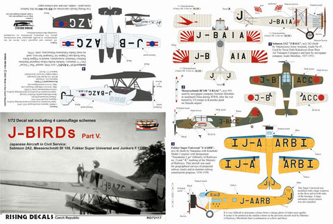 ライジングデカール RD72117 1/72 J-BIRDs パートV：サルムソン2A2、Bf108、フォッカー スーパーユニバーサル、ユンカース F.13 民間仕様