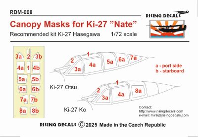 ライジングデカール RDM-008 1/72 九七式戦闘機 Ki-27a/b "Nate" キャノピーマスク(ハセガワ用)