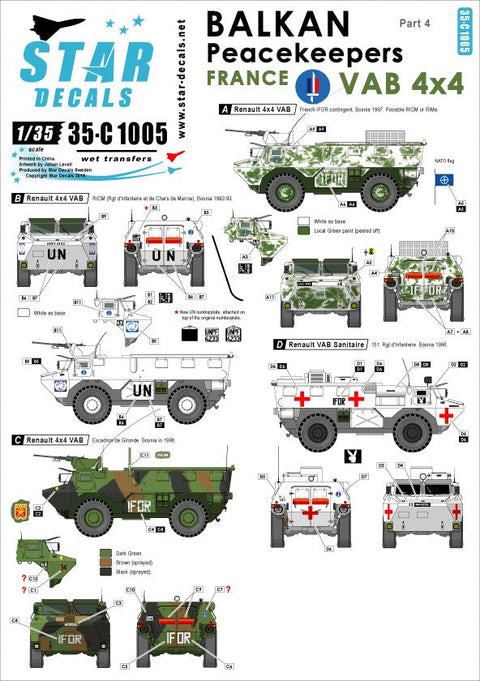 スターデカール 35-C1005 1/35 バルカン半島の平和維持部隊 #4 フランス, UN・IFOR VAB 4x4