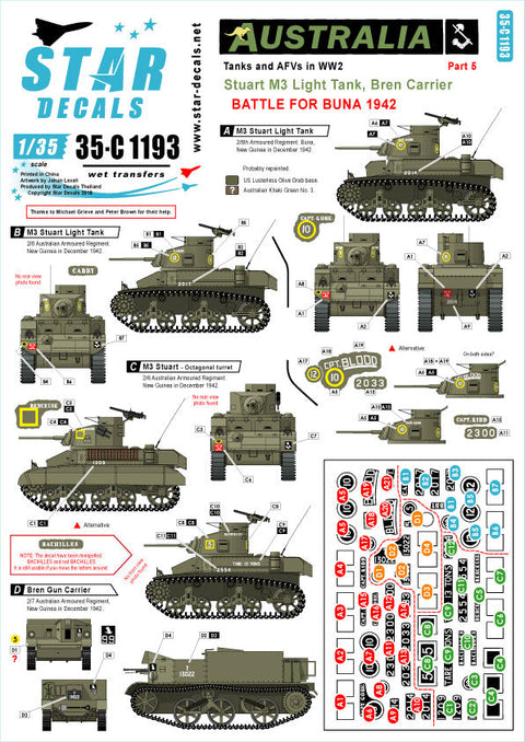 スターデカール 35-C1193 1/35 WWII 豪 オーストラリア軍の戦車と装甲車 #5 ブナの戦い 1942年 M3スチュアート、ブレンガンキャリアー