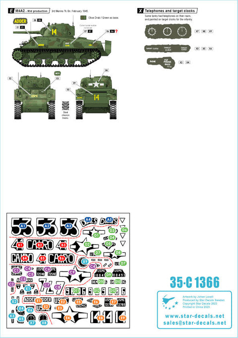 スターデカール 35-C1366 1/35 WWII アメリカ 太平洋戦線 硫黄島の戦い アメリカ海兵隊第3/第4戦車大隊のM4A2/M4A3シャーマン戦車