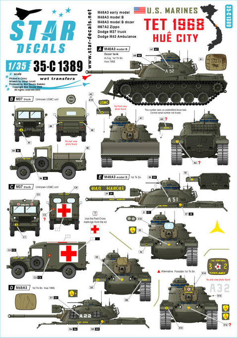 スターデカール 35-C1389 1/35  テト攻勢/フエ市街戦(1968年) ベトナム戦争 アメリカ海兵隊戦闘車両 M48戦車/M67火炎放射戦車/M37トラック/M43救急車