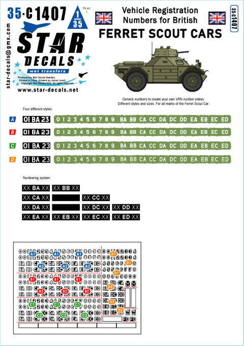 スターデカール 35-C1407 1/35 イギリス フェレット偵察装甲車用車両登録番号セット