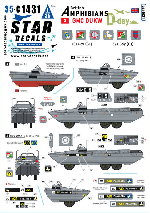 スターデカール 35-C1431 1/35 D-デイイギリス DUKW水陸両用車＃3 第101/第377総合輸送中隊