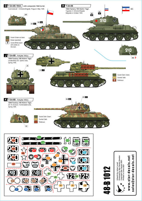 スターデカール 48-B1012 1/48 T-34-85 中戦車 ドイツ捕獲戦車 ポーランド，ユーゴスラビア＆チェコ赤軍戦車