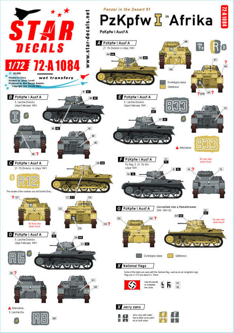 スターデカール 72-A1084 1/72 パンツァーインデザート＃1 I号戦車A型