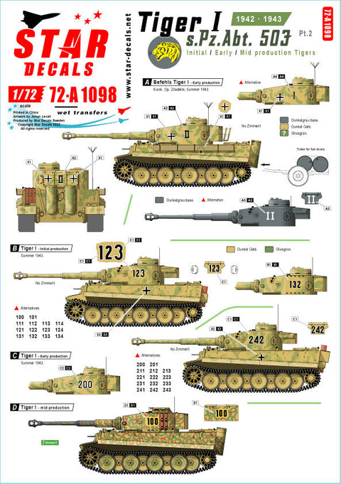 スターデカール 72-A1098 1/72 WWII ドイツタイガーI 第503重戦車大隊＃2 1942-43 極初期型 初期型 中期型
