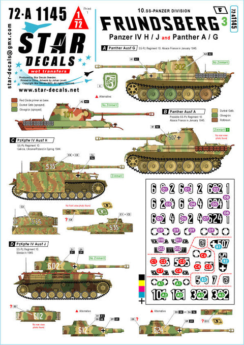 スターデカール 72-A1145 1/72 ドイツ 第10SS装甲師団 フルンツベルク＃3 IV号戦車H型 ・ JとパンサーA ・ G型