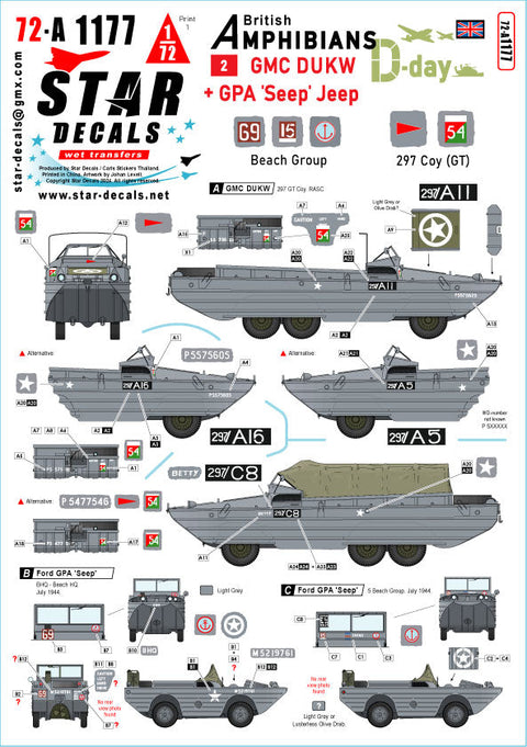 スターデカール 72-A1177 1/72 D-デイイギリス DUKW/シープ水陸両用車＃2 第297総合輸送中隊/ビーチ集団