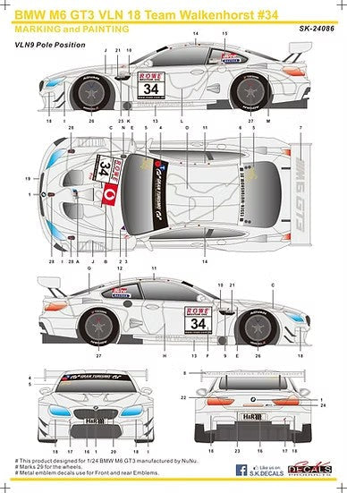 SKデカール SK24086 1/24 BMW M6 GT3 VLN 18 チーム ウォルケンフォルスト #34