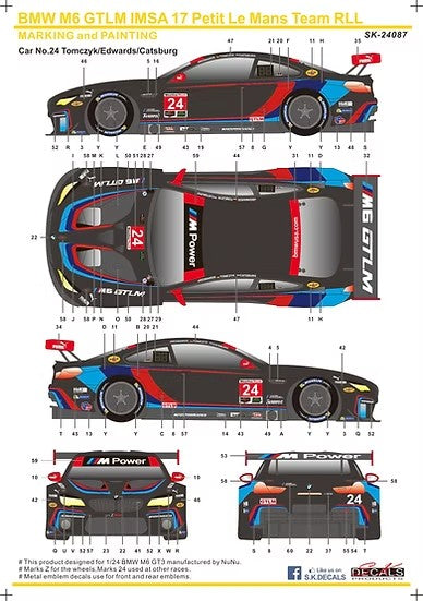 SKデカール SK24087 1/24 BMW M6 GTLM IMSA 17 チーム RLL