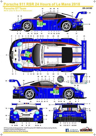 SKデカール 1/24 SK24185 ポルシェ 911 RSR FIA 世界耐久選手権 ル・マン24時間レース  2018 ポルシェ GT チーム #91