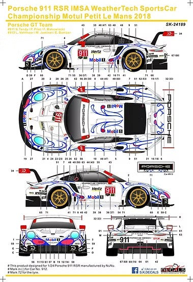 SKデカール 1/24 SK24189 ポルシェ 911 RSR IMSA スポーツカー選手権 プチ・ル・マン 2018 ポルシェ GT チーム